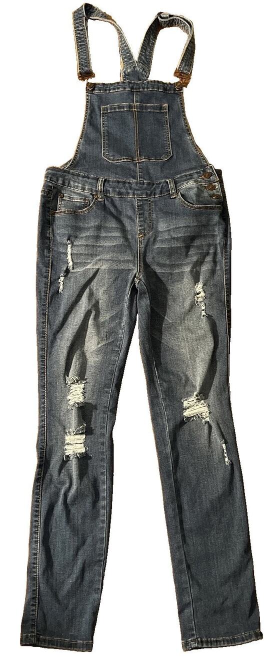 EnJean Womens M Distressed Denim Bib Overalls Dark Wash Ripped Stretch Jeans